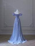 A line Off The Shoulder Blue Long Prom Dress Evening Dresses HZ1022