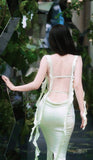 Sheath Spaghetti Straps Long Prom Dresses Mint Green Backless Prom Dress HZ1022