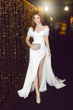 Mermaid Off The Shoulder Long Prom Dresses White Slit Prom Dress HZ1022