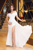 Mermaid Off The Shoulder Long Prom Dresses White Slit Prom Dress HZ1022