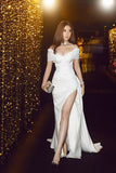 Mermaid Off The Shoulder Long Prom Dresses White Slit Prom Dress HZ1022