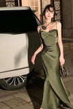 Mermaid Straps Satin Green Prom Dresses Formal Evening Dress HZ1022