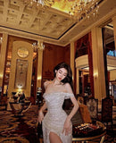 Sheath Off The Shoulder Sequin Long Prom Dresses Formal Dress HZ1022