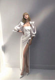 Elegant Sheath White Slit Prom Dresses Long Formal Dress HZ1022