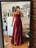 Elegant A line Burgundy Slit Prom Dresses Long Formal Dress HZ1022