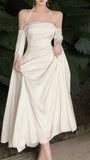 Elegant A line Straps Long Sleeves Silk Satin White Prom Dresses Formal Dress HZ1022