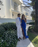 Elegant Sheath Strapless Royal Blue Slit Prom Dresses Formal Dress HZ1022