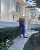 Elegant Sheath Strapless Royal Blue Slit Prom Dresses Formal Dress HZ1022