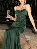Elegant Mermaid Straps Satin Olive Green Prom Dresses Formal Evening Dress HZ1022