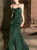 Elegant Mermaid Straps Satin Olive Green Prom Dresses Formal Evening Dress HZ1022