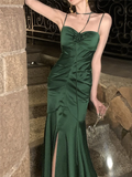 Elegant Mermaid Straps Satin Olive Green Prom Dresses Formal Evening Dress HZ1022
