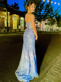 Elegant Mermaid Light Sky Blue Lace Prom Dresses Formal Evening Dress HZ1022
