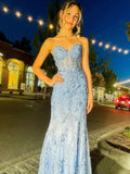 Elegant Mermaid Light Sky Blue Lace Prom Dresses Formal Evening Dress HZ1022