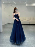 Elegant A line Straps Tulle Navy Blue Prom Dresses Formal Evening Dress HZ1022