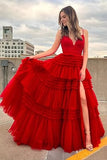 Princess Pink Tiered Layers Tulle Long Prom Dresses HZ1022
