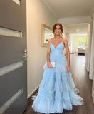 Princess Pink Tiered Layers Tulle Long Prom Dresses HZ1022