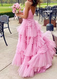 Princess Pink Tiered Layers Tulle Long Prom Dresses HZ1022