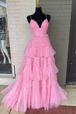 Princess Pink Tiered Layers Tulle Long Prom Dresses HZ1022