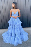 Princess Pink Tiered Layers Tulle Long Prom Dresses HZ1022