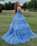 Princess Pink Tiered Layers Tulle Long Prom Dresses HZ1022