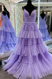 Princess Pink Tiered Layers Tulle Long Prom Dresses HZ1022