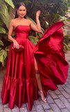 A line Strapless Floor Length Sleeveless Red Slit Prom Dress HZ1022