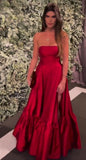 A line Strapless Floor Length Sleeveless Red Slit Prom Dress HZ1022