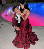 Mermaid Straps Floor Length Sleeveless Burgundy Prom Dress HZ1022