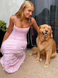 Simple Mermaid Spaghetti Straps Floor Length Sleeveless Pink Prom Dress HZ1022