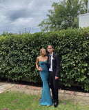 Simple Mermaid Strapless Floor Length Sleeveless Blue Prom Dress HZ1022