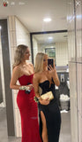 Simple Mermaid Strapless Floor Length Sleeveless Red Prom Dress HZ1022