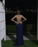 Navy Blue Sequin Long Prom Dresses With Slits Open Back Graduation Dress HZ1022