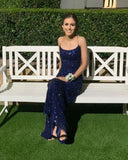 Navy Blue Sequin Long Prom Dresses With Slits Open Back Graduation Dress HZ1022