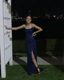 Navy Blue Sequin Long Prom Dresses With Slits Open Back Graduation Dress HZ1022