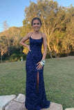 Navy Blue Sequin Long Prom Dresses With Slits Open Back Graduation Dress HZ1022