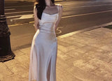 Spaghetti Straps Ivory Satin Mermaid Prom Dresses Side Slit Prom Dress HZ1022