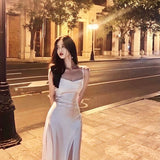 Spaghetti Straps Ivory Satin Mermaid Prom Dresses Side Slit Prom Dress HZ1022