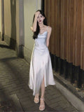 Spaghetti Straps Ivory Satin Mermaid Prom Dresses Side Slit Prom Dress HZ1022