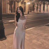 Spaghetti Straps Ivory Satin Mermaid Prom Dresses Side Slit Prom Dress HZ1022