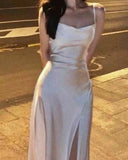Spaghetti Straps Ivory Satin Mermaid Prom Dresses Side Slit Prom Dress HZ1022
