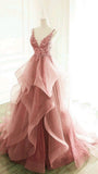 Ball Gown Pink Floor Length Sleeveless Lace Prom Dress HZ1022