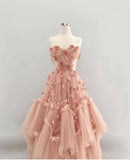 Ball Gown Pink Sweetheart Floor Length Sleeveless Lace Prom Dress HZ1022