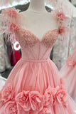 Pink Feather Lace Sweetheart Ball Gown Prom Dress with 3D Floral Lace HZ1022