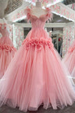 Pink Feather Lace Sweetheart Ball Gown Prom Dress with 3D Floral Lace HZ1022
