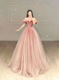 Ball Gown Off The Shoulder Floor Length Sleeveless Pink Prom Dress HZ1022