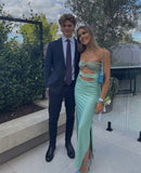 Sheath Strapless Mint Green Floor Length Sleeveless Slit Prom Dress HZ1022