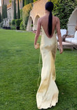 Vintage Mermaid Yellow Floor Length Sleeveless Backless Prom Dress HZ1022