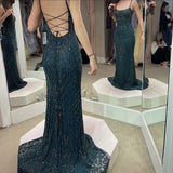 Vintage Mermaid Floor Length Sleeveless Green Beaded Prom Dress HZ1022