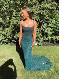Vintage Mermaid Floor Length Sleeveless Green Beaded Prom Dress HZ1022
