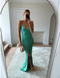 Vintage Mermaid Floor Length Sleeveless Green Slit Prom Dress HZ1022